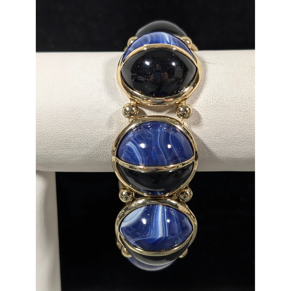 Blue Black Acrylic Dome Link Bracelet Gold Tone Retro Mod‎ Color Block 7"